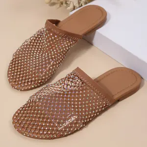 Women's Trendy Rhinestone Mesh Mules Closed Toe Bling Design Low Heel Casual Slingback Sandals Springfresh