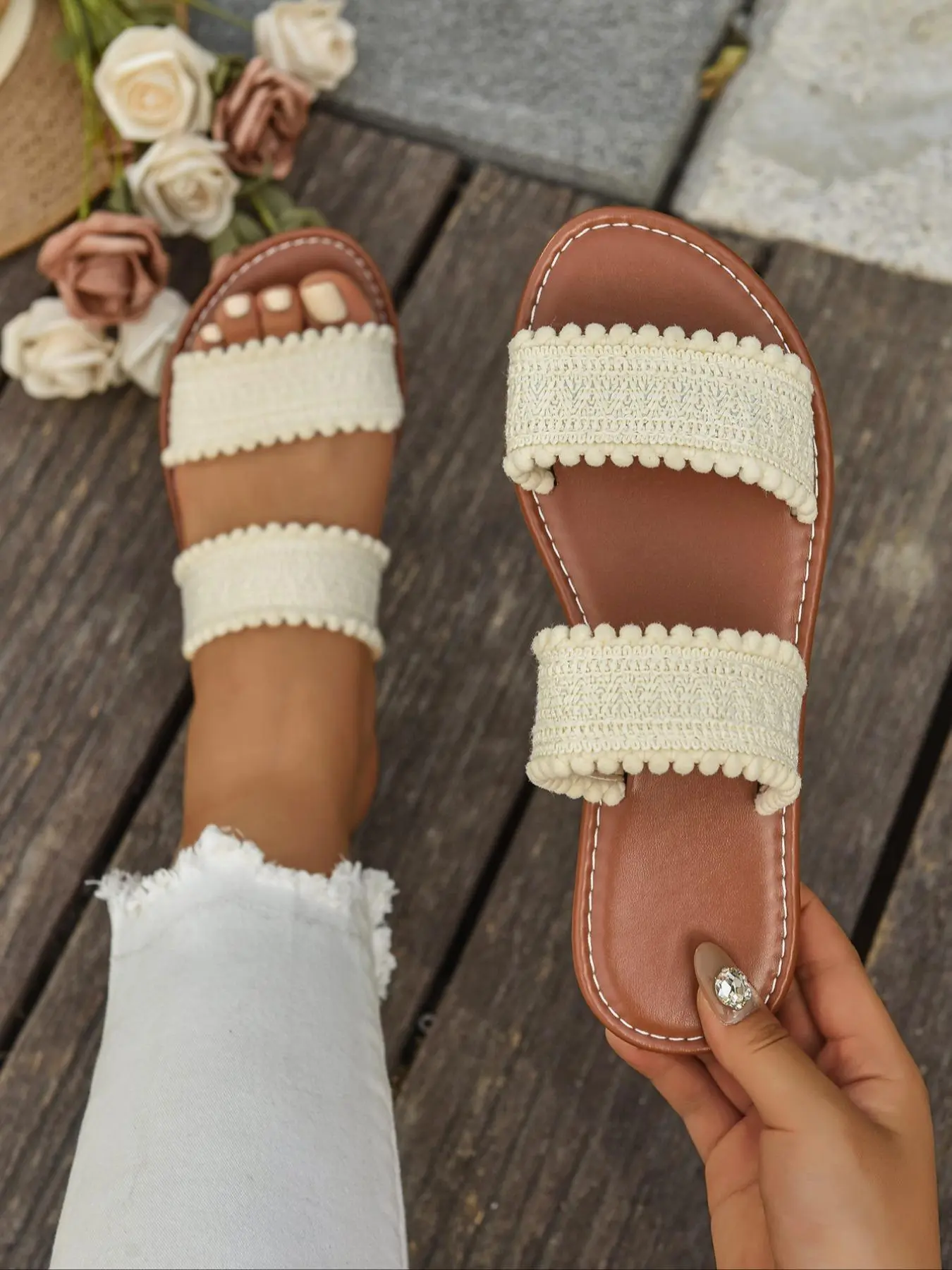 Women's Fashionable Plain Color Crochet Slides, Casual Comfortable Slippers for Summer, Lightweight Breathable Slippers for Beach Vacation, Chic Summer Footwear, Casual Slipper Sandals