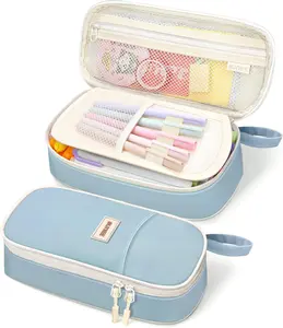 Cute Pencil Case, Aesthetic Pen Pouch, Colored Large Pencil Bag with Zipper, Kawaii Stationery Storage and Organizer, School Supplies for Teen and Adult Girls, Blue