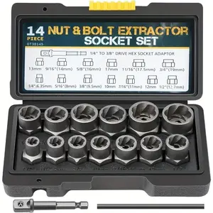 2024Nut & Bolt Extractor Socket Kit, Summer Impact Bolt & Nut Remover Set, Including 13 Nut Remover Kit Set, 1/4'' to 3/8" Drive Hex Socket Adapter & Iron Bar