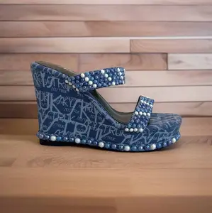 The Markey - Blue Denim Wedge Heels with Crystals