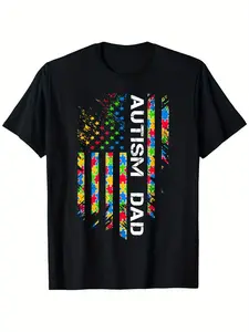 Autism Dad Awareness American Flag T-Shirt for Men – Soft, Breathable Cotton, Comfortable Short Sleeve Tee with Puzzle Piece Design, Perfect Gift for Father’s Day or Casual Attire, Sizes S-5XL