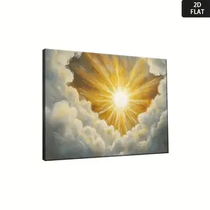 2D Flat, Golden Sun Shines Through the Clouds Canvas Wall Art - Modern Minimalist Golden Sunrise Painting with Wooden Frame, Ready-to-Hang Framed Poster for Living Room, Office, Bedroom - Elegant Home & Office Decor - Sunset or Sunrise Decoration	