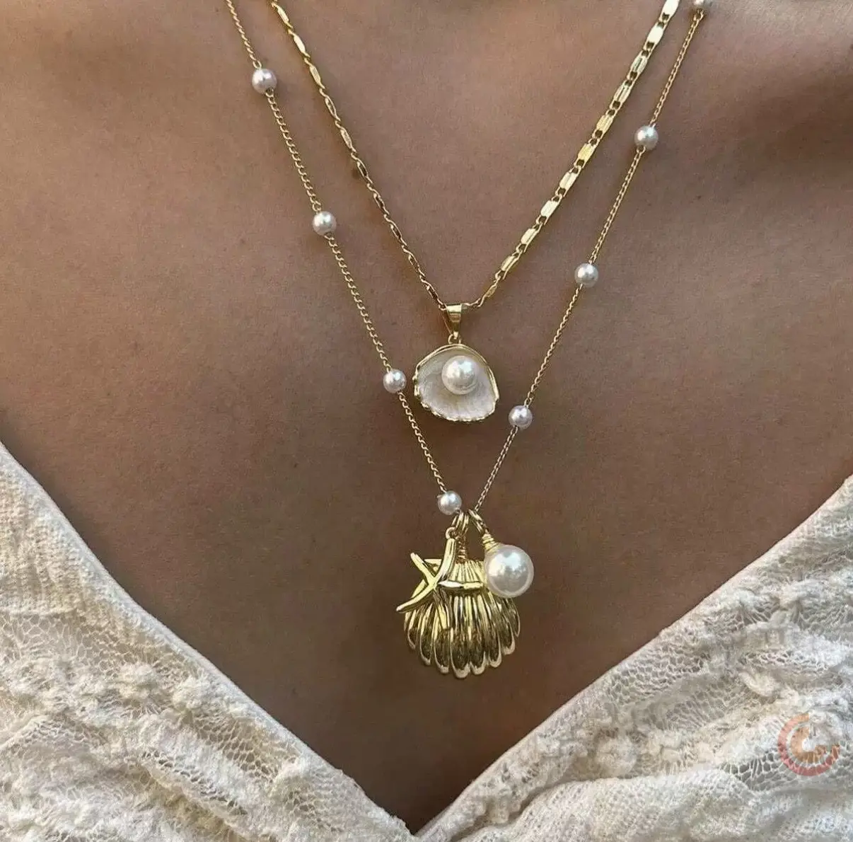 Women's Long Alloy Dangling Ocean Pearl Necklace - Double-Layer Coastal Chain with Simulated Shell, Shell Charm, Starfish Charms for Summer Everyday Costume Jewelry Accessory, Dangling Pearl Necklace