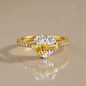 Romantic Gold Heart Bow Promise Ring, Full Diamond Engagement Style Ring, Gift for Her Anniversary Birthday Girlfriend Wife