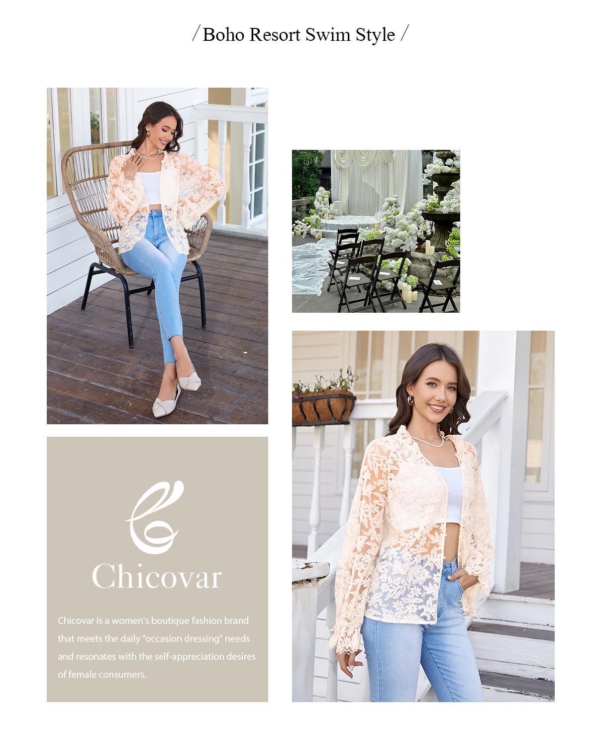 Chicovar Women’s  Floral Lace Sheer Blouse, Long Sleeve Button Front Mesh Top with Drawstring Cuffs, Lightweight Romantic Overlay Shirt,Perfect for Date Night, Party, Casual, or Vacation