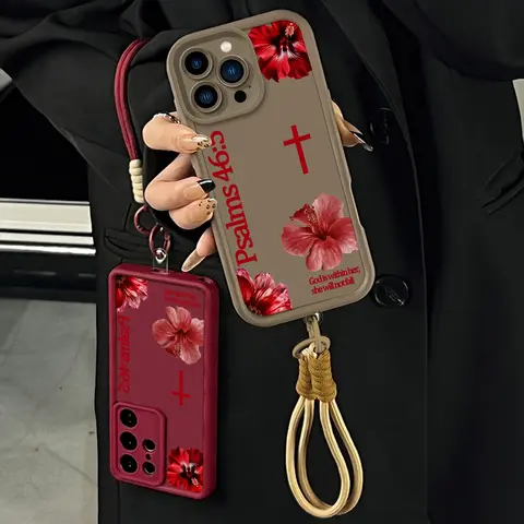 Soft Durable Premium Matte TPU Resin Silicone Smartphone Case with Red Lanyard - Anti-Drop Raised Bumpers, Red Hibiscus and Cross Psalms 46:5 Christian Women's Accessory for iPhone 17 Pro Max,16 Plus,15 Plus,14-11,XR,XS & Galaxy Models (NN118)