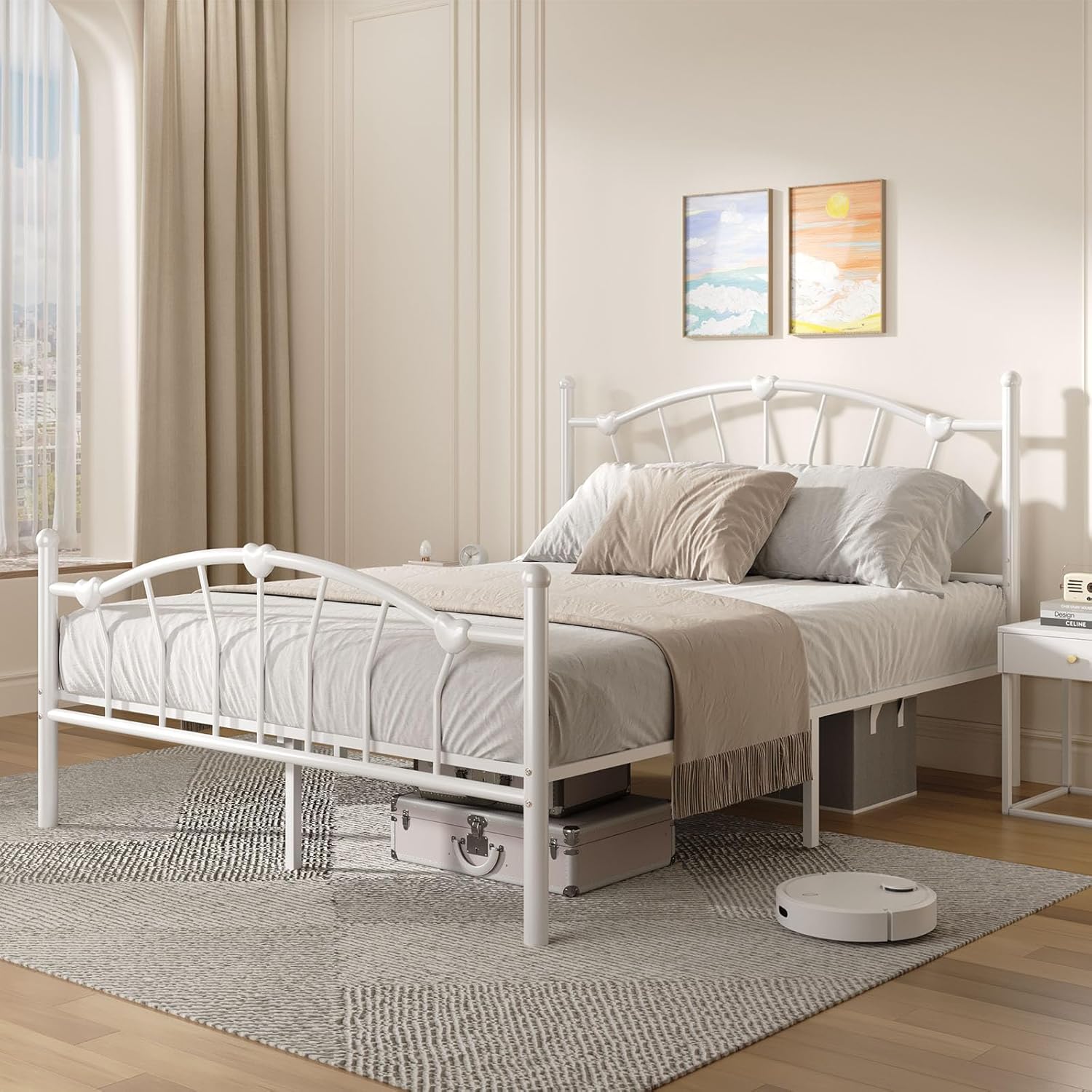 HOMBCK Bed Frame, Girls Bed Frame, Bed Frame with Heart-Shaped Decorative Headboard and Footboard, Heavy Duty Metal Slat Support, No Box Spring Needed, Easy Assembly