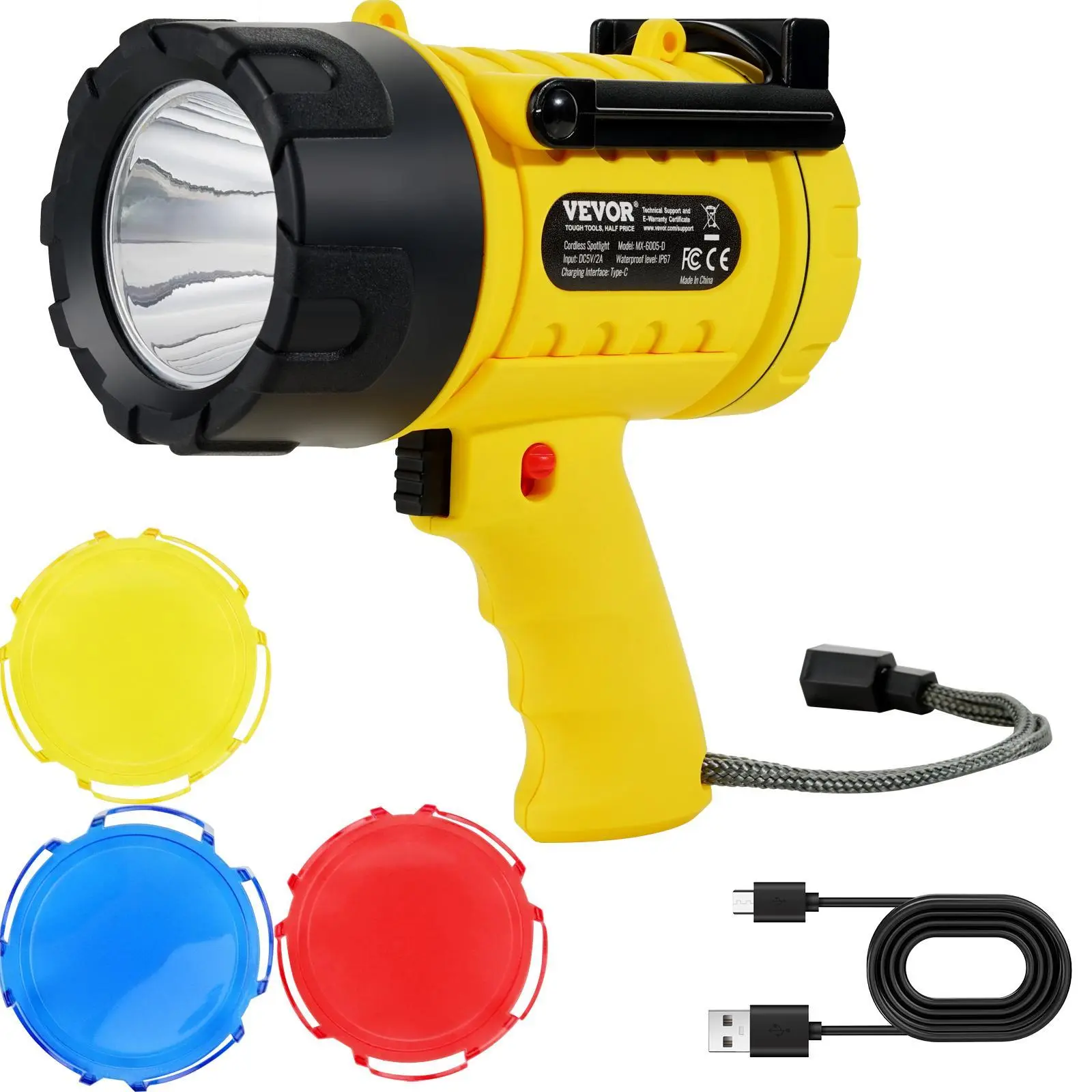 VEVOR Handheld Rechargeable High Powered Flashlight with ABS Shell, 1000000 Lumen, IP67 Waterproof, 10000 mAh USB-C Power Bank, 4 Primary Modes, 440-Meter Beam Distance, 4 Hours Runtime, Camping Outdoor Gadget, 10,000 Mah Battery, 1000000 Lumens