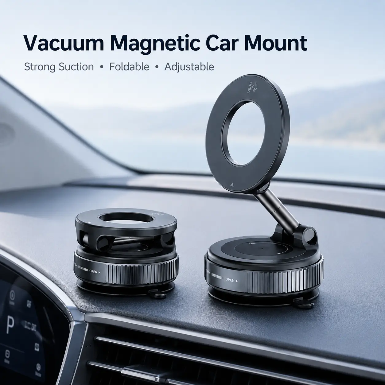 360° Adjustable Vacuum Magnetic Phone Holder, Suction Cup Car Phone Mount for MagSafe, Foldable Portable Cell Phone Stand for Car, Desk, Gym & Mirror