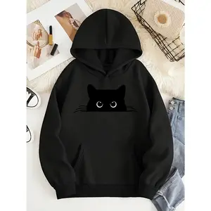 Women's white cat graphic hoodie Graphic Hoodie - Cotton Blend Black Long Sleeve Pullover Regular Fit |   Soft & Breathable Fabric, Durable Print, Everyday Comfort, Machine Washable, casual fashion lifestyle flat lay