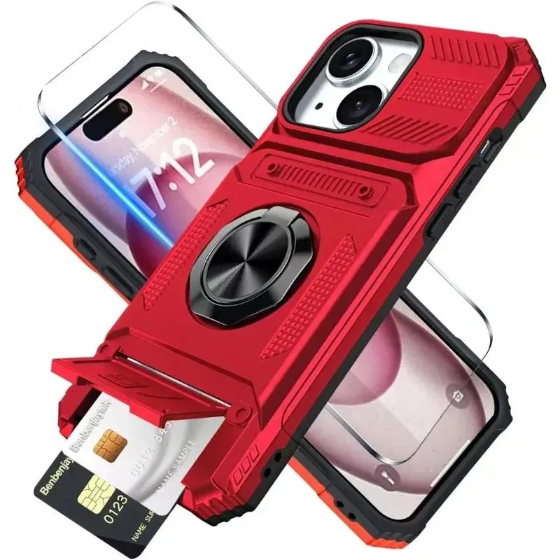 Military-Grade Polycarbonate Dual-Layer Shockproof Metal Ring Kickstand Phone Case for iPhone 13,11,14,15,16 Pro Max - Magnetic Rotatable, Heavy-Duty Drop Protection, Cash & Card Holder, Mobile Accessory
