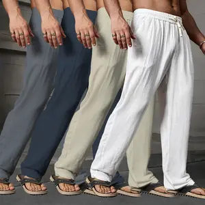 Men’s summer casual linen-style slim-fit long pants with a drawstring waist, breathable and stylish, suitable for indoor gatherings, outdoor activities, and golf
