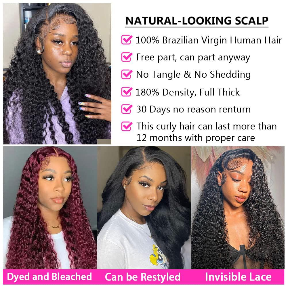 [30" = $116] 13x6 Deep Wave Lace Front Wig Human Hair 180 Density Wet and Wavy 13x4 Lace Frontal Wig Brazilian Human Hair Wigs Pre Plucked  Deep Curly 6x4 Glueless Wig 100% Virgin Human Hair Lace Front Wigs for Women Bling Hair Human Hair Wigs