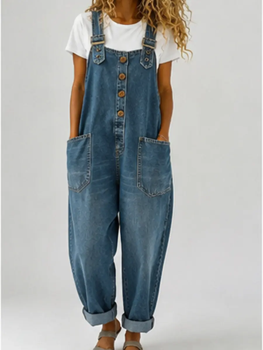 Women's Denim Bib Overalls - Loose Fit, Adjustable Straps, Plain Look, Pocket Access Bib Front Jumpsuit for Everyday Style Outfits