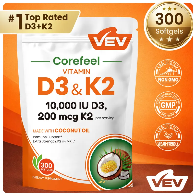 Vitamine D3 + K2 Extra Strength - 10000 UI D3 & 100mcg K2 - 120 Gélules - Neuf