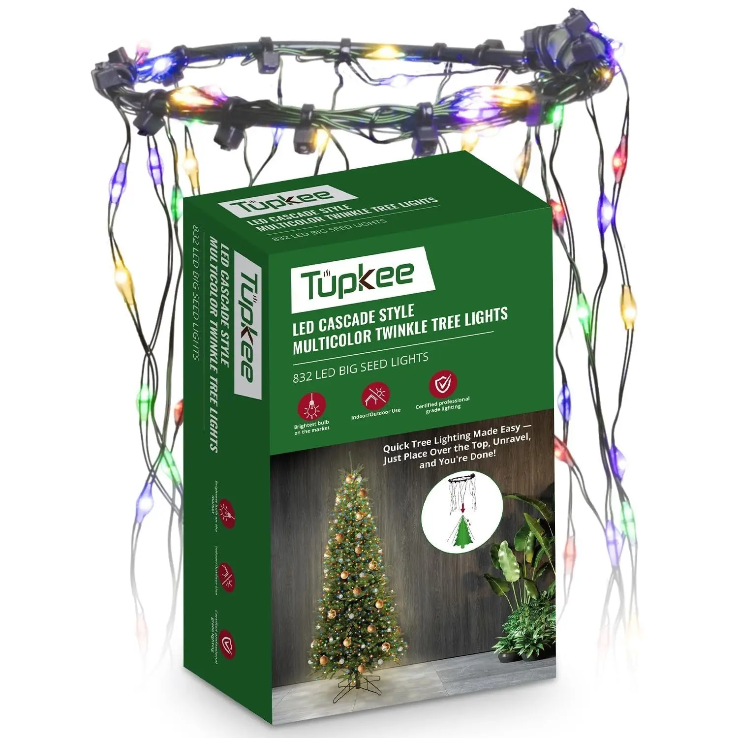 Cascade Style LED Multicolor Random Twinkle Christmas Tree Lights - 8ft String, 208 of 832 Seed Lights Twinkle, Quick Wrap via Drop & Drape Ring - Festive Home Decoration