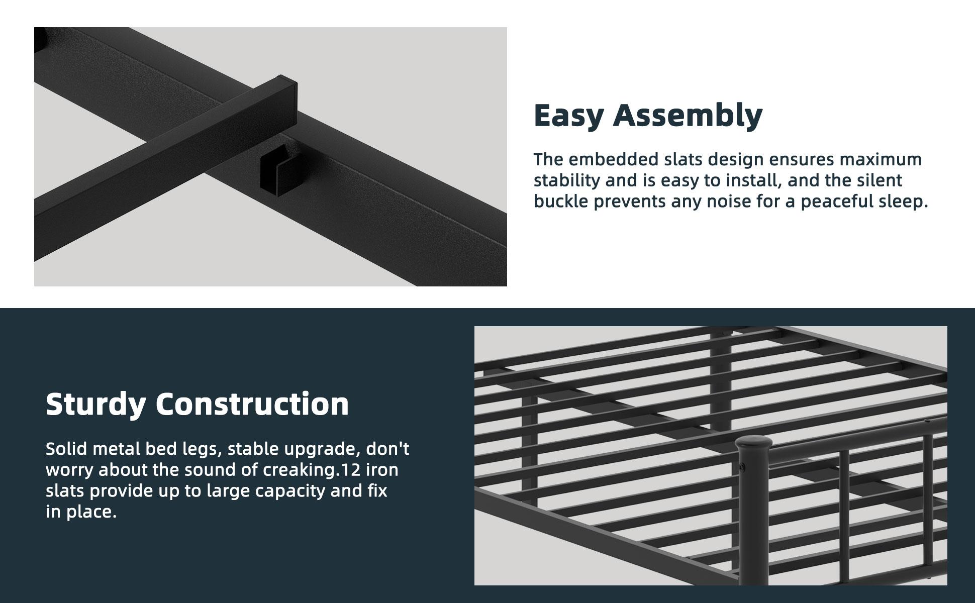 Walsunny Platform Minimalist Bed Frame with Classic Design Headboard and Footboard, Strong Metal Slat Support & Underbed Storage Space, Black Queen Size