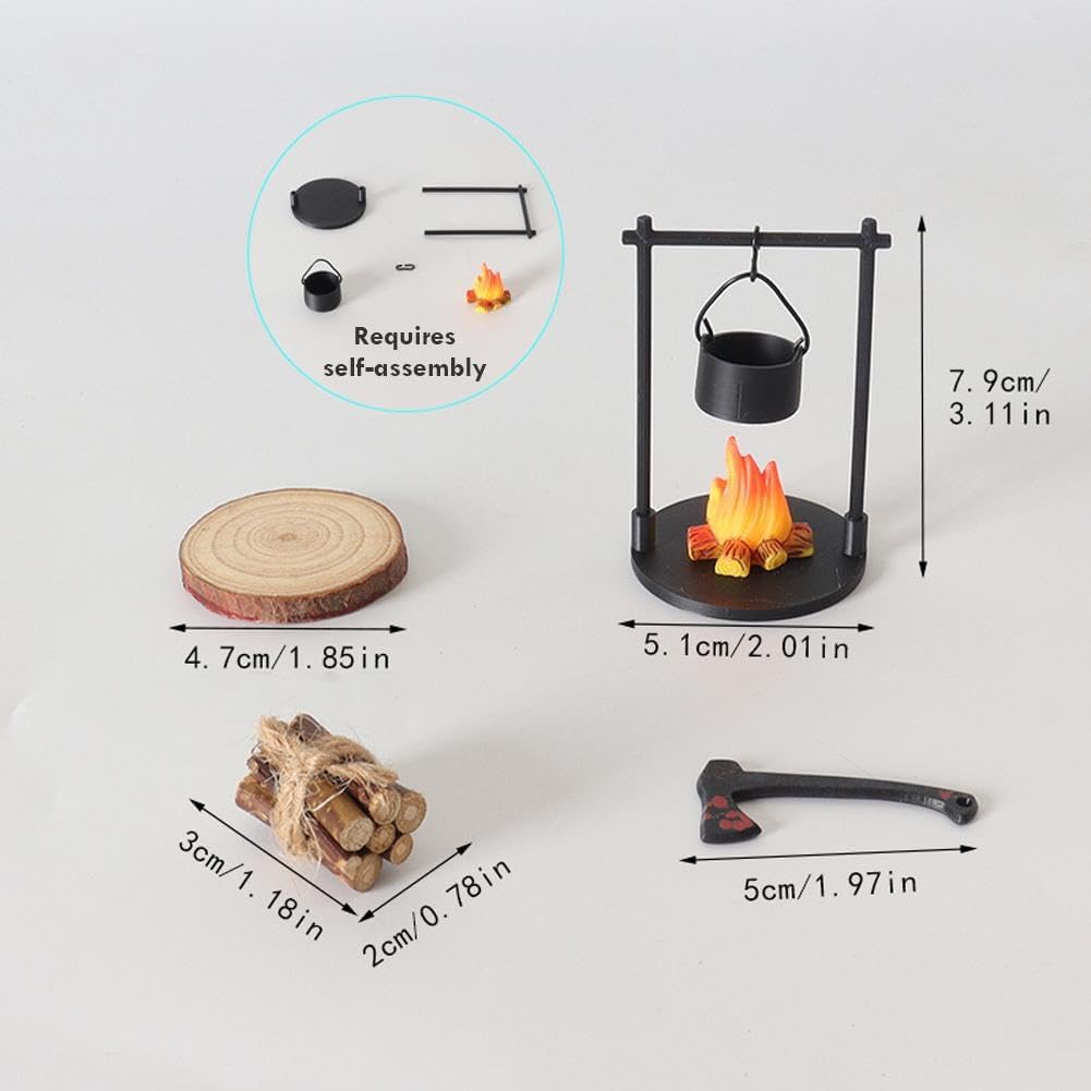 BougeRV Mini Campfire & Teapot Miniature Statue – DIY Craft Dollhouse Desktop Photo Prop, Wood/Plastic/PLA Decor Gift for Home, Kitchen, Office, or Garden Ornaments Whimsy
