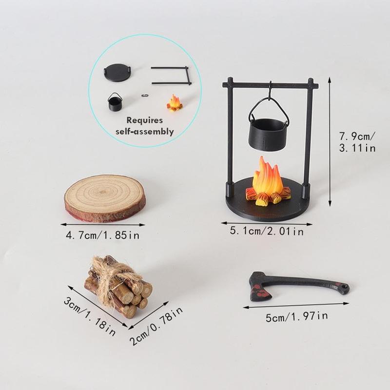 BougeRV Mini Campfire & Teapot Miniature Statue – DIY Craft Dollhouse Desktop Photo Prop, Wood/Plastic/PLA Decor Gift for Home, Kitchen, Office, or Garden Ornaments Whimsy