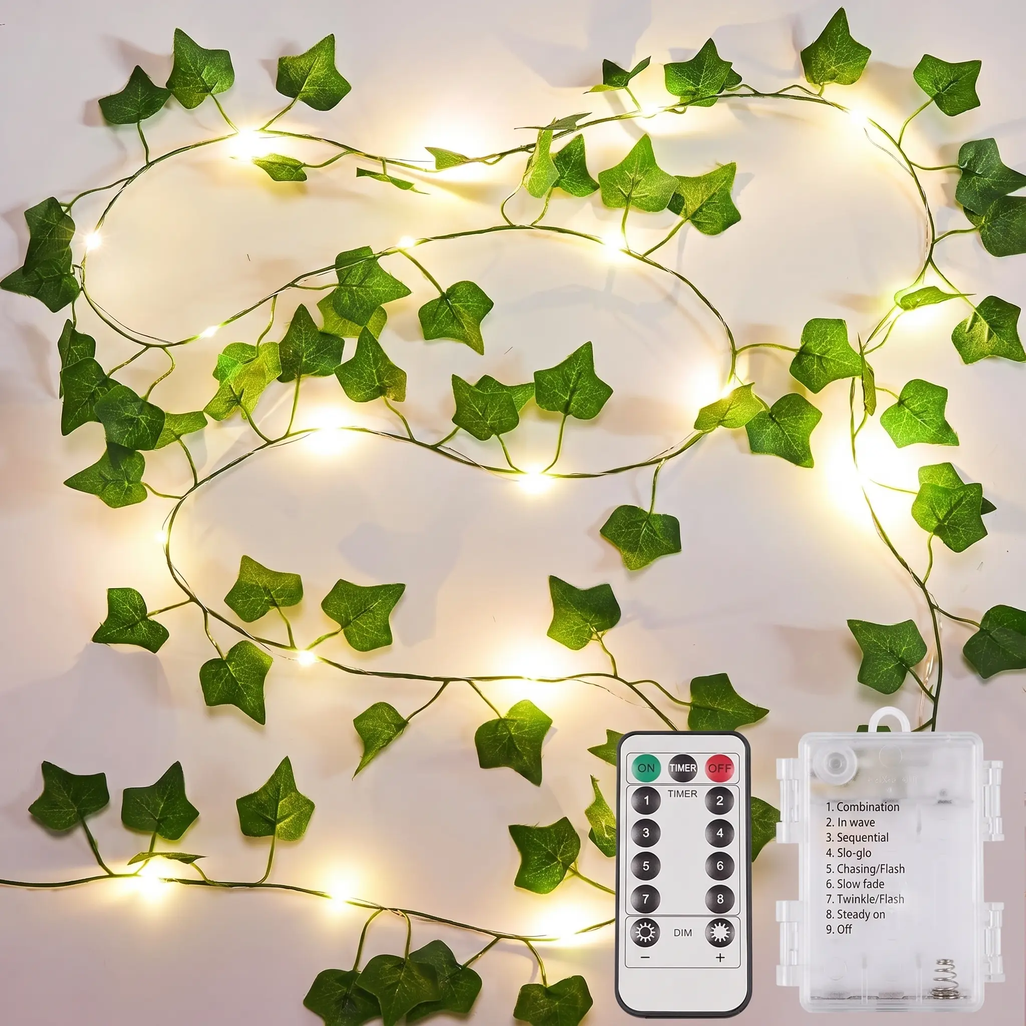 Modern Cordless 33ft 100 LED Ivy String Lights with Remote - Wall Hanging Holiday Leaf Lights for Bedroom, Garden Decor, Adjustable Led Lights, Room Decor
