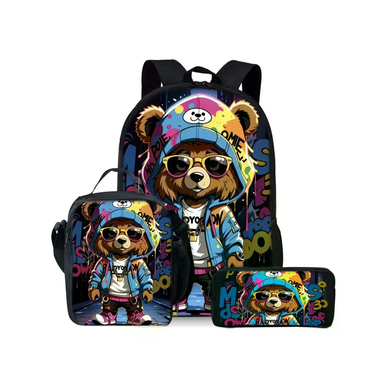 Teddy Bear Print Backpack Set: 3-Piece Collection with Adorable Hat, Lunch Bag, and Pencil Case - Graffiti School Backpack