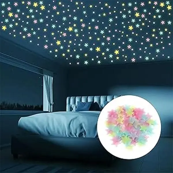 100-Pack Fluorescent Star-Shaped Cat & Dog Decorative Glow-in-Dark Galaxy Wall Stickers - 3D Luminous 1.5in Pre-Cut Self-Adhesive Plastic Tile Stickers, Removable, Light, Casual Bedroom Kids Room DIY Pet Accessory