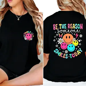 Healing Style T-shirt Featuring Colorful Smileys, Flowers & Inspirational Slogan BE THE REASON someone SMILES TODAY, For Women [180G 100% cotton, lightweight and breathable, soft and comfortable]