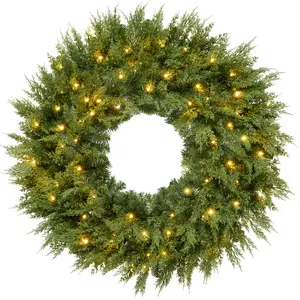Pre-Lit Cedar Cypress Christmas Wreath w/ Twinkling LEDs, Realistic Large Indoor/Outdoor Holiday Decor, Plug-In Pre-Lit Cedar Cypress Christmas Wreath w/ Twinkling LEDs, Realistic Large Indoor/Outdoor Holiday Decor, Plug-In