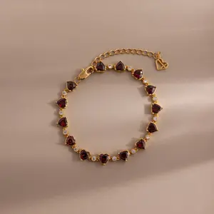 Garnet Heart Tennis Bracelet by Caitlyn Minimalist - Vintage Diamond & Red Gemstone Bracelet in Gold & Silver - Romantic Jewelry - Anniversary Gift for Her
