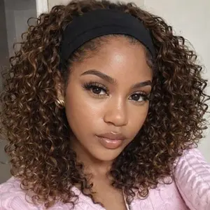 Headband Wig 14 Inch Kinky Curly Headband Wigs for Black Women Glueless No Lace Front Wig Deep Curly Half Hair Wigs