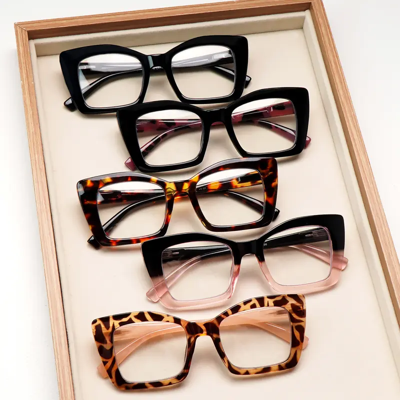 5-Piece Set Of Stylish Retro Blue Light Blocking Reading Glasses Large Rectangular Frames With Spring Hinges Durable Lenses Solid Colors And Patterned Designs Elegant Style For Women Fashionable Essentials For Everyday Wear