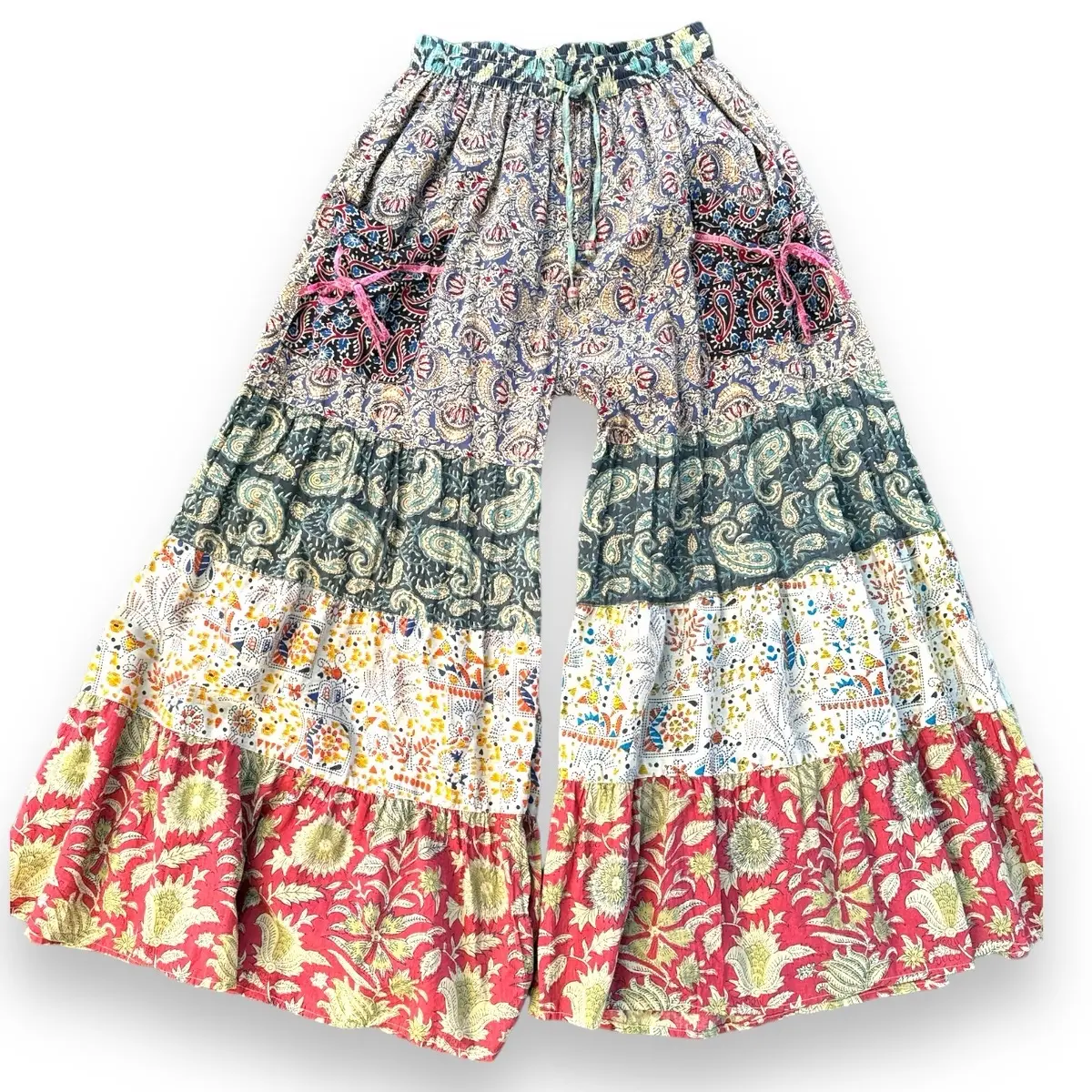 LAYERED PALAZZO Patchwork Cotton Hippie Pants with Elastic Waist & Drawstring for Comfortable Fit Colorful