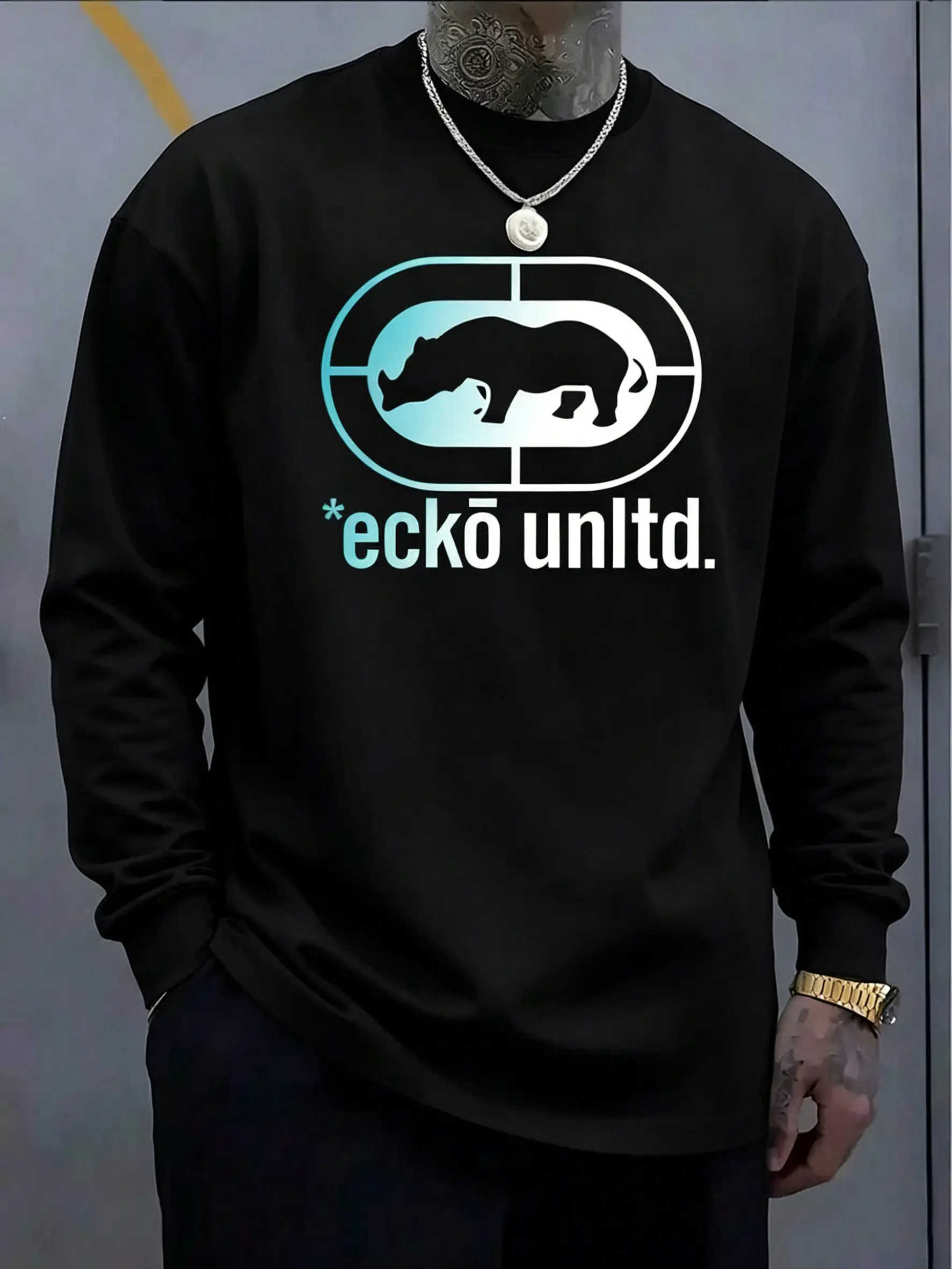 Ecko Unltd Men's Vintage Street Vibe Streetwear Graphic Long Sleeve T-Shirt - Gradient Impact Rhino Print, Casual Loose-Fit Cotton Round Neck Menswear Top