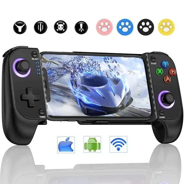 Bluetooth Rechargeable Video Game Controller with Hall Joystick, Adjustable Rubber Wireless Gamepad for iPhone/Android Phones, Built-in Charging, Stable Connection, Manufacturer Warranty