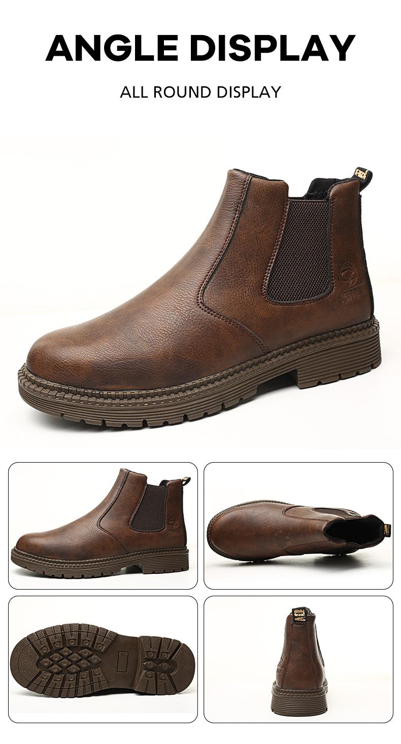 Men's steel-toe sports non-slip work shoes, high-top leather safety boots, have protective functions like anti-smashing and anti-piercing. They are footwear products, Fathersdaygift Boy Closed Bathroom Brown