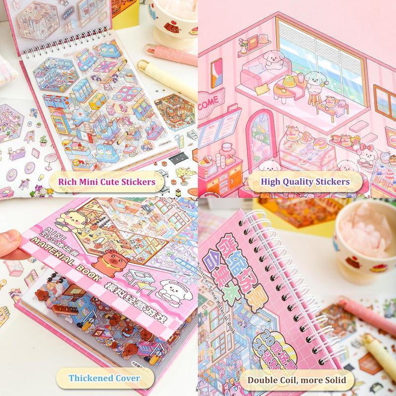 20 Sets DIY Miniature 3D Sticker Scene Book, Sticker Therapy Scenes Collection Book for Adults Stress Relief Pass The Time, Make Your Own House Miniature Cute Cartoon Animal Isometric Scene Funny Stickers
