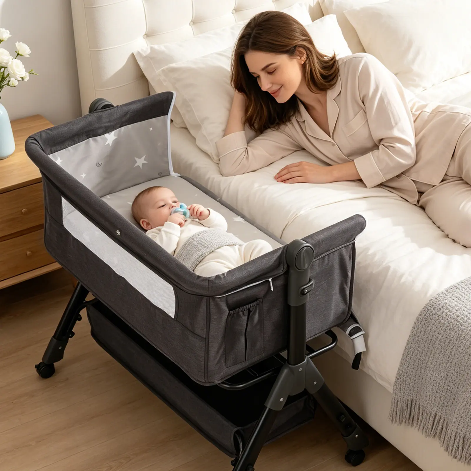 Baby Bassinet,  Crib for Infant and Newborn, Bedside Sleeper with Storage Basket and Mosquito Net, Easy to Fold, Height Adjustable, Portable Side Bed Crib