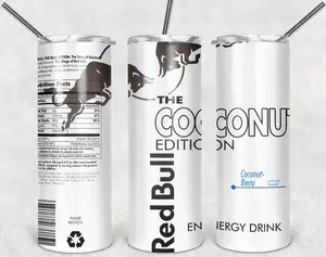 Red Bull Energy Drink White Stainless Steel Skinny Tumbler 20oz with Straw | Energy Drink Inspired Steel Tumbler | Gift For Him And Her