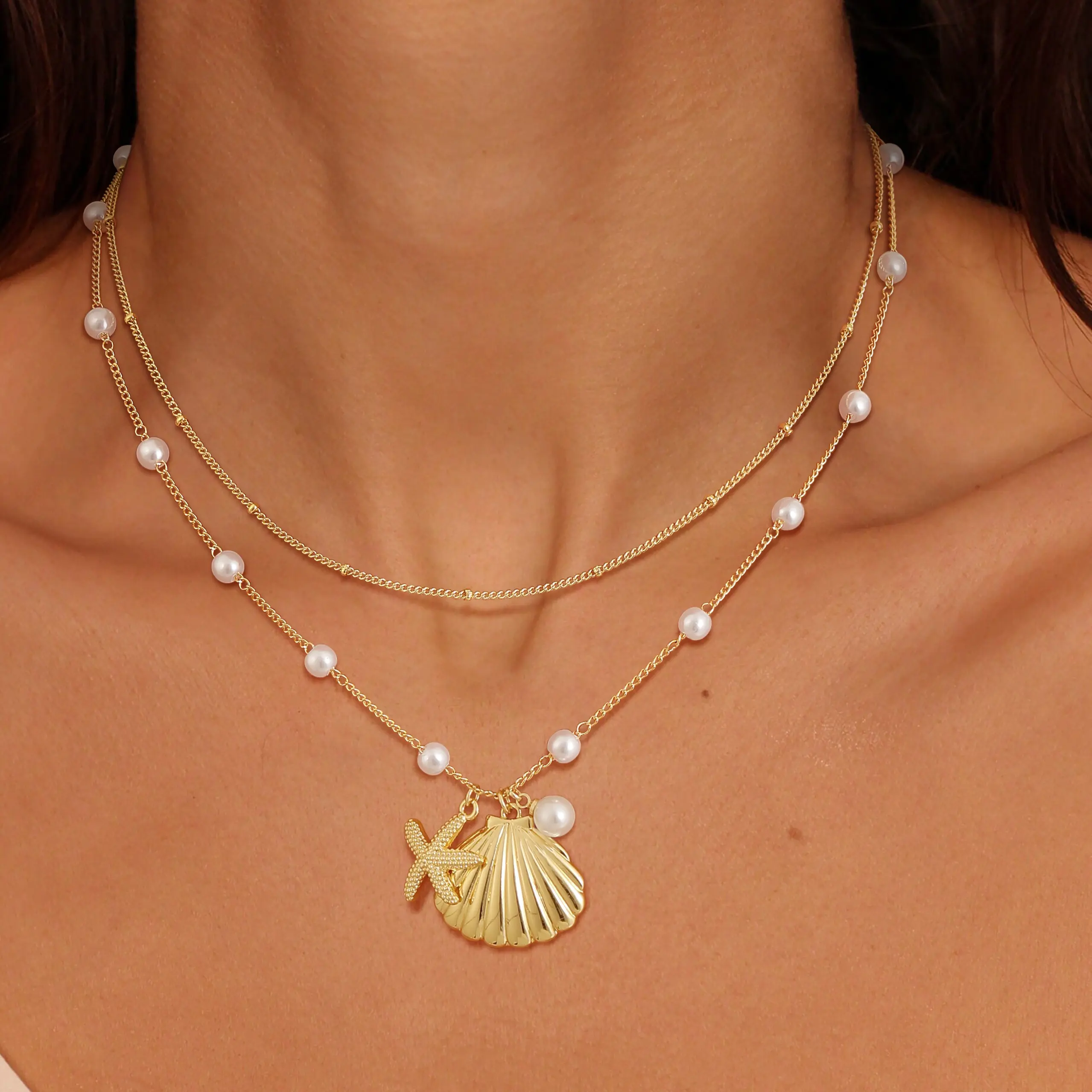 TEWIKY 14K Gold Layered Necklace for Women - Waterproof Satellite Pearl Chain with Starfish & Shell Pendant - Dainty Beachy Summer Jewelry tiktokshopbacktoschool