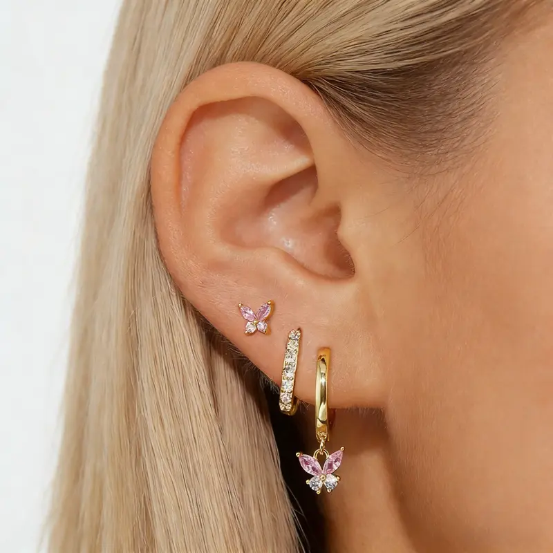 Girls' 14 Karat Gold Plated Hypoallergenic Butterfly Charm Earring Stacking Set, 3-Pair Cubic Zirconia Huggie Hoops, Dainty Gold-Tone Earrings, Gift-Ready Set for Daily Wear