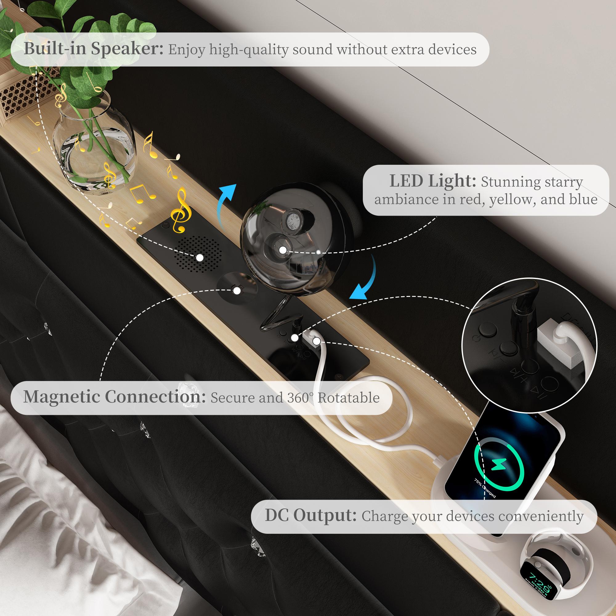 Modern Queen LED Bed Frame with Galaxy Aurora Projector, 52" Upholstered Headboard with Charging Ports, 2 Storage Drawers, Noise-Free Platform, No Box Spring Needed – White / Black / Gray PU Leather
