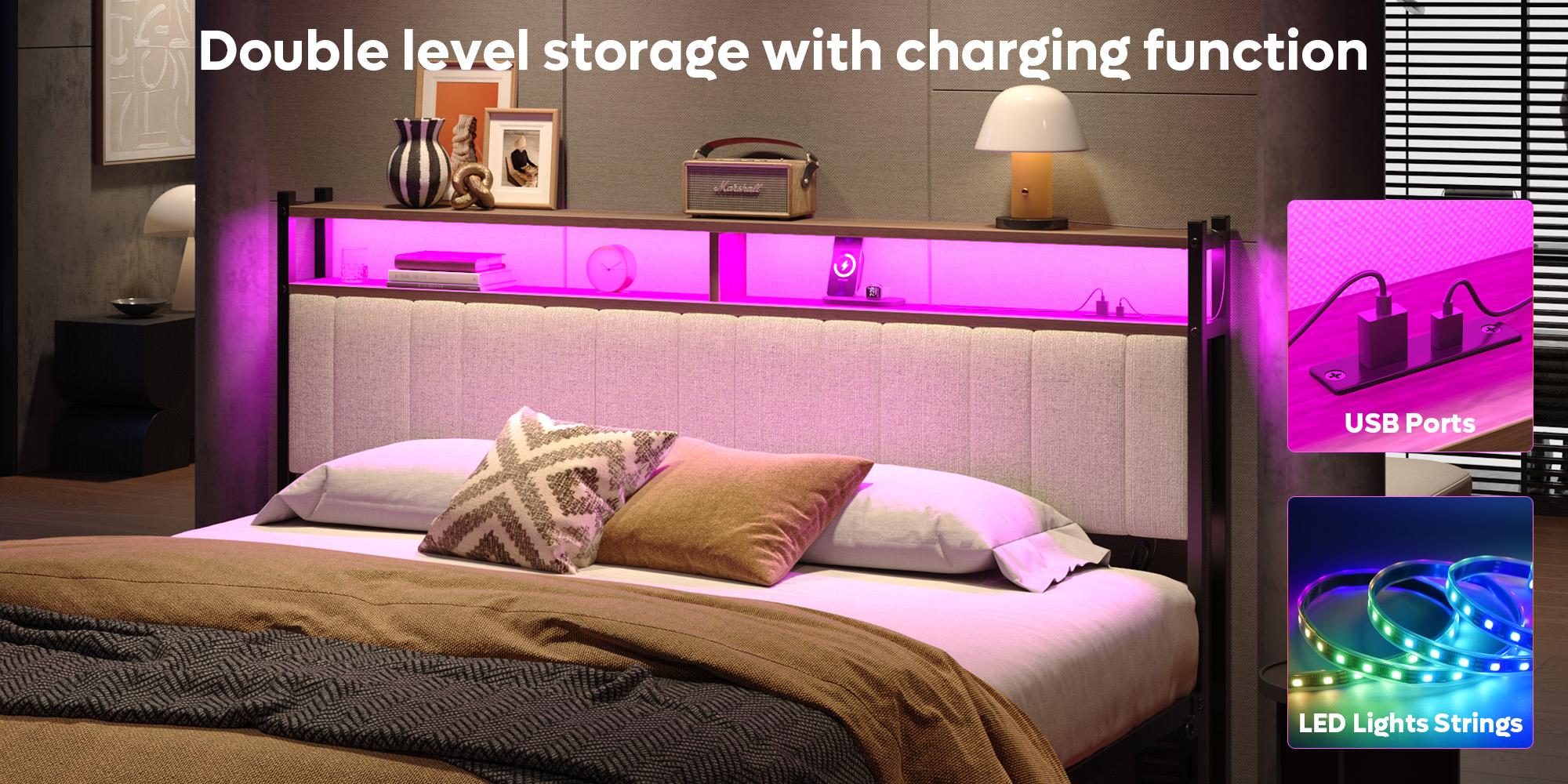 Pinmoco Upholstered Headboard with Storage, Linen Head Board with LED Light and Charging Station 【Headboard Only】 Pinmoco Upholstered Headboard with Storage, Linen Head Board with LED Light and Charging Station 【Headboard Only】