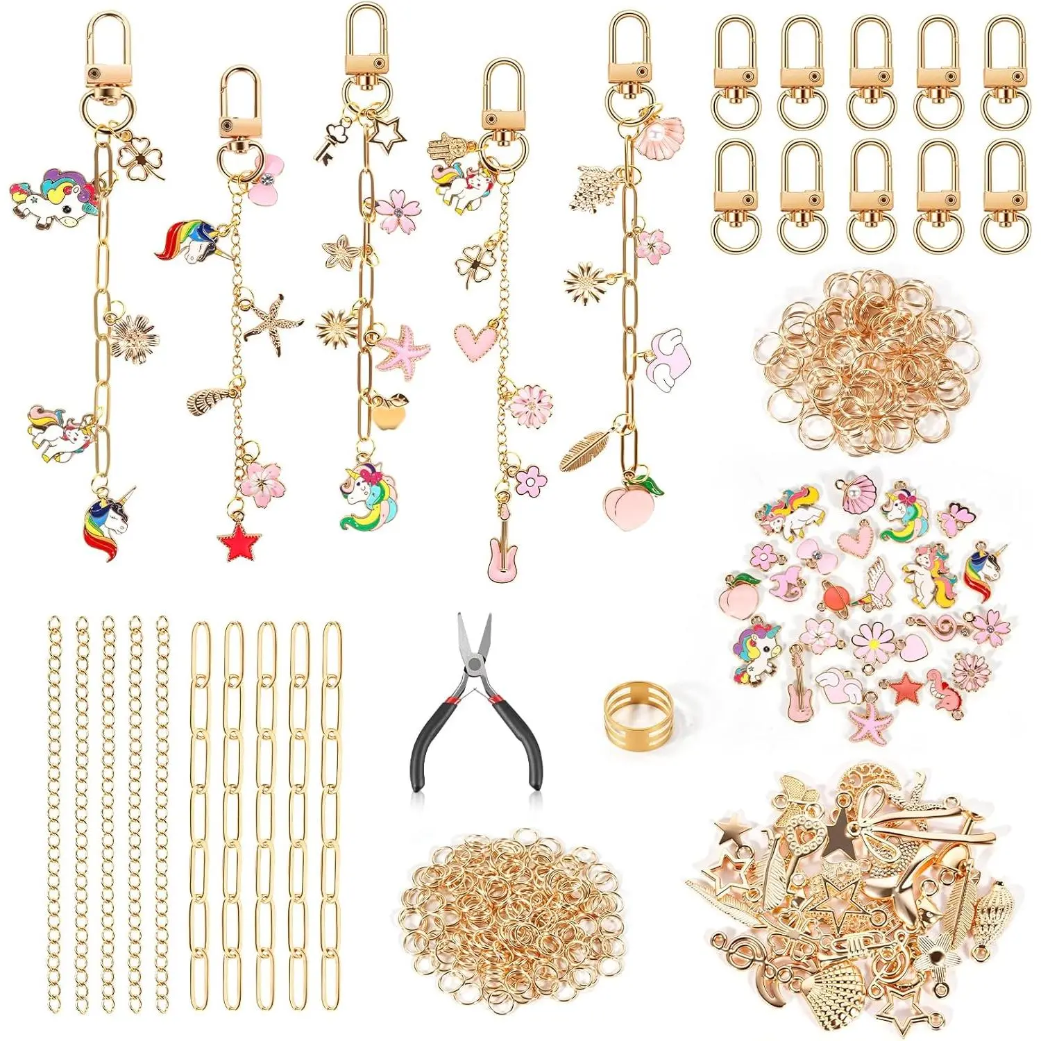 378 count  Making Kit - DIY Bag Charm Kit with Box, 55 Charms, 10  Clips,  Pliers, Key Rings and Jump Rings - Keychains Craft  Kit for Adults