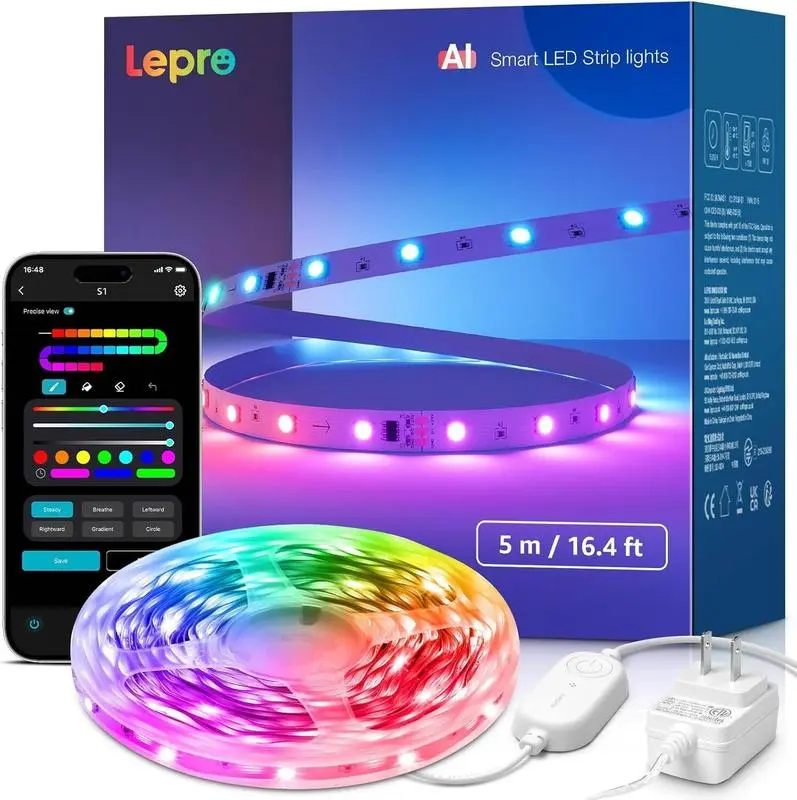 LEPRO S1 AI Smart 12W Dimmable RGB LED Strip Lights - IC Rainbow Chasing, Color Segment DIY, AI Generated Lighting, Voice Control, Music Sync, 2.4GHz Wi-Fi & Bluetooth, APP Control, for Bedroom, Gaming, Dimmable Led, Wifi Led Strip