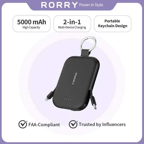 RORRY 5000/10000mAh Fast Charging Universal Power Bank - 2 Built-in Cables, Mini Keychain Portable Charger for iPhone & Android Mobile Devices, 5000mAh Black, Back to School, Device, Compact, Portable Battery Pack