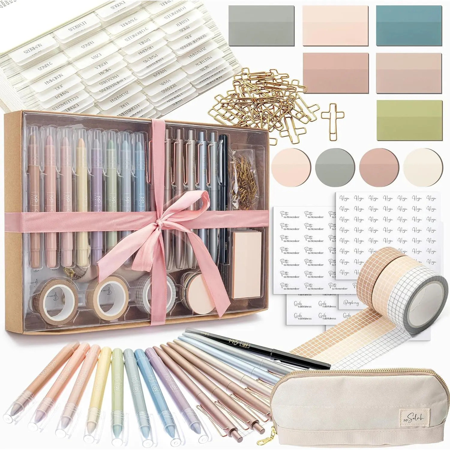 Mr. Pen Selah Collection Bible Journaling Set with 8 Vibrant Gel Highlighters, 6 Precision Black Ink Pens, Sticky Notes, Vellum Tabs, Decorative Washi Tapes, Pencil Pouch, Paper Clips for Bible Study Supplies, Office Accessories