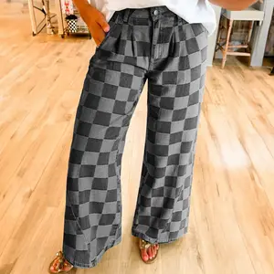 Women's high waisted streetwear retro jeans dark gray checkered denim wide leg pants casual women's underwear