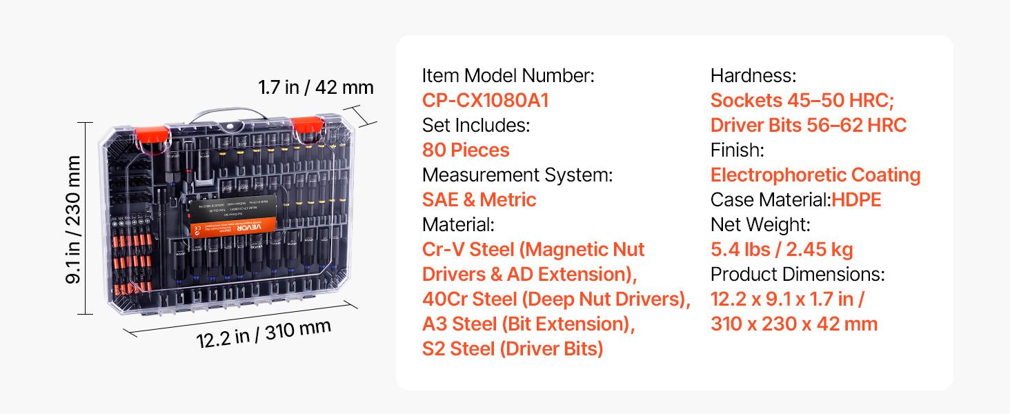 【summerfinds】VEVOR 80-Piece Premium Magnetic Impact Nut Driver Set, Metric & SAE Sizes, with Socket Adapters, Bit Holder, Wing Nut Driver, Universal Sockets, Quick Release Extension, Power Bits, Storage Box