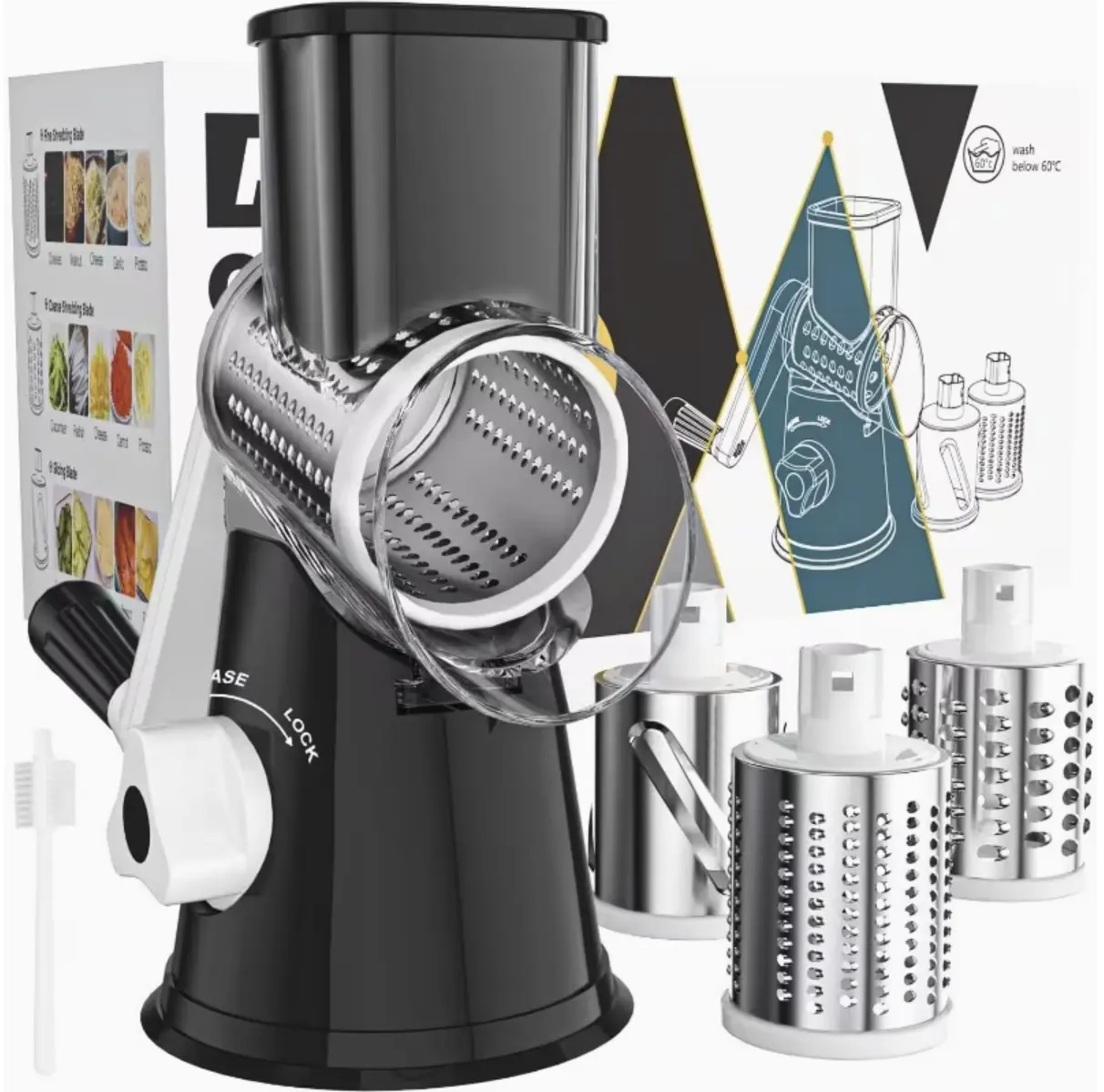Hand-Cranked Rotary Cheese Grater for Shredding Fresh Cheese, Vegetables, And Nuts, Featuring a Non-Slip Suction Base And a Complimentary Cleaning Brush with Three Blades